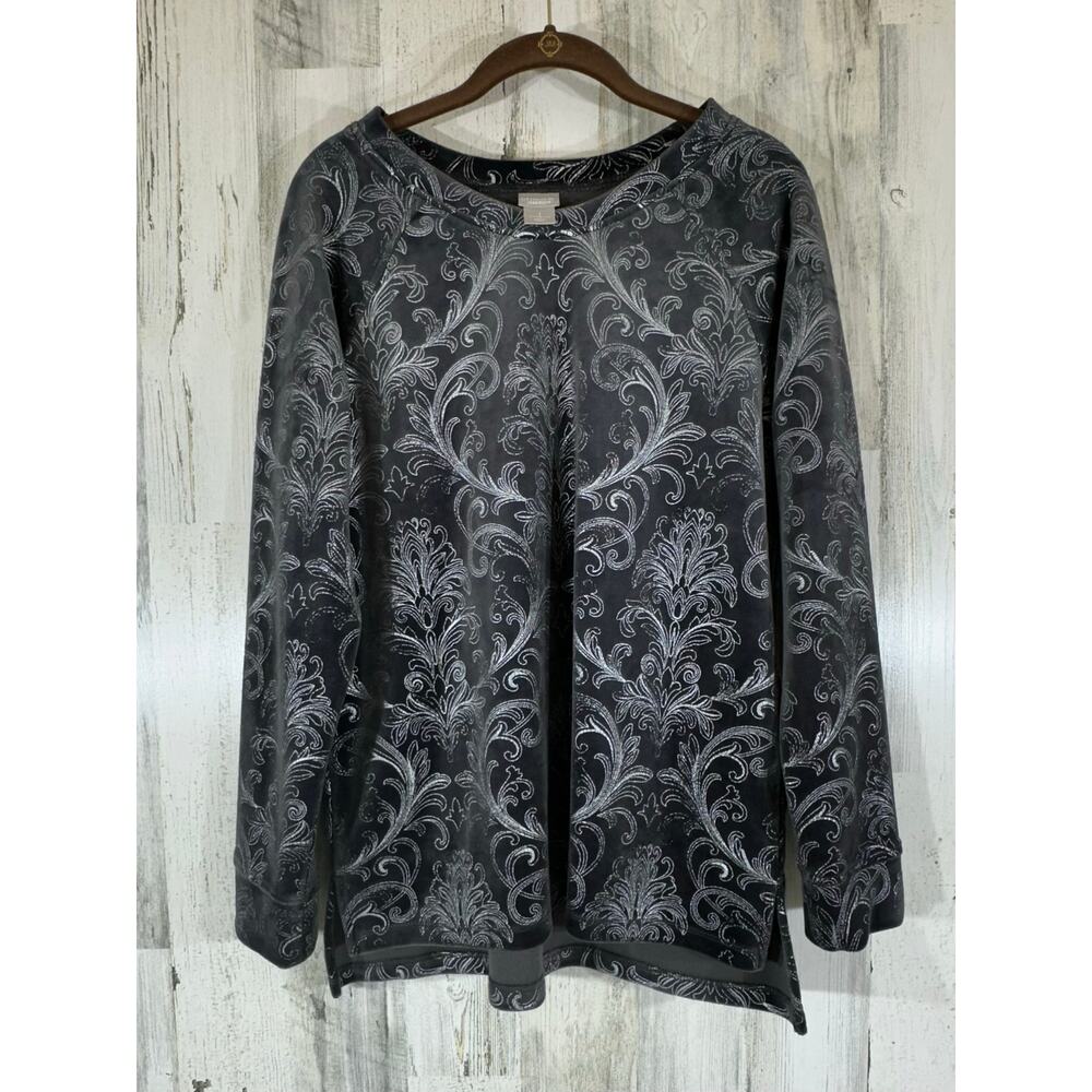 Chicos Zenergy Velvet Velour Top Size‎ 1 or Medium Gray Silver Scroll Filagree